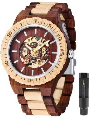 Men's Red And Beige Analog No Battery Fashion Mechanical Movement Wooden Watch